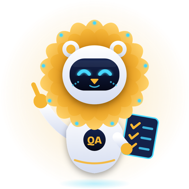 The ReleaseSure mascot, a lion-headed robot holding a QA checklist